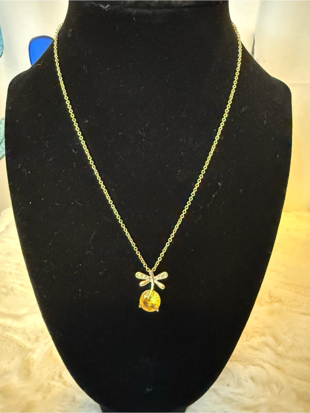 Yellow Crystal Dragonfly Pendant Necklace Silver Tone Rhinestone 18”